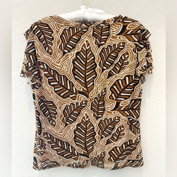 JANE & DELANCEY | Brown Leaf Print Ruffle Sleeve Stretch Blouse NWT | Large - Picture 4 of 8